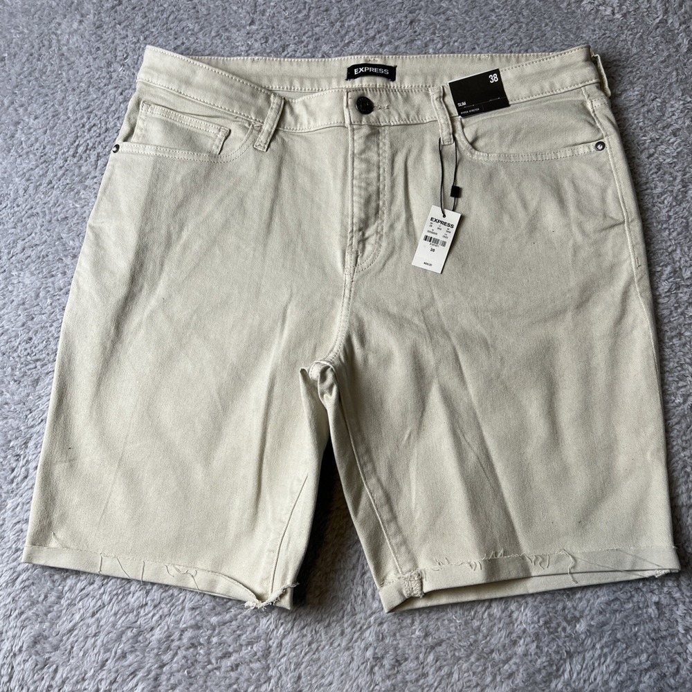 Mens Jean Shorts 38 Express Slim Cut Off Denim Beige Summer Style Casual‎